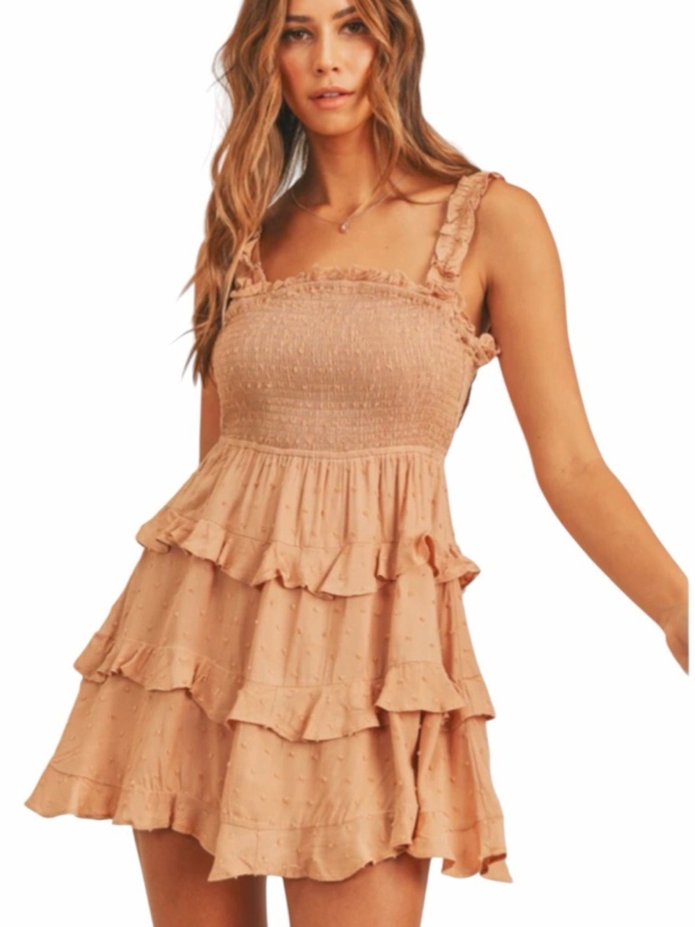 Mable Lulaa Swiss Dot Smocked Open Back Ruffle Tiered Mini Dress Size Small